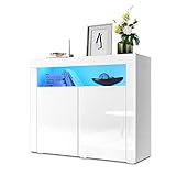 SONNI Kommode Weiß Hochglanz mit LED Beleuchtung Sideboard Weiss mit...