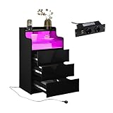 Nachttisch mit Steckdose und LED-Beleuchtung, Hochglanz Nachtschrank...