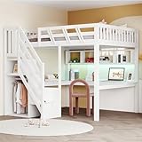 Merax Hochbett 140x200 cm, Massivholzrahmen, mit Schreibtisch,...