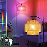KZT Stehlampe Wohnzimmer Vintage Rattan Stehlampen mit Fernbedienung...