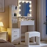 TUKAILAI Schminktisch mit LED Beleuchtung und Hocker, Frisiertisch mit...