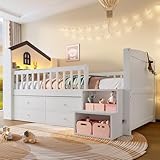 Kinderbett Halbhohes Hochbett 90x200, Holzbett Hausbett mit LED...