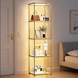 Bücherregal mit LED-Beleuchtung, Stehlampe mit Glasregal, Dimmbar...
