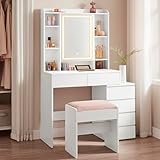 VASAGLE Schminktisch mit LED-Beleuchtung, Hocker, Frisiertisch mit...