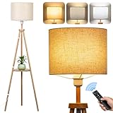 NIKYJM Stehlampe Wohnzimmer mit Regal, Holz Standleuchte LED Dimmbar...