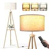 YICAIZI Dreibein Stehlampe Wohnzimmer mit Regal - 12W Holz LED Dimmbar...