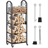 COSTWAY Kaminholzregal mit Rollen und 4 Kaminwerkzeugen,...