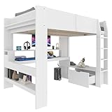 SOFTWEARY Hochbett mit LED-Beleuchtung und Schreibtisch, Kinderbett...