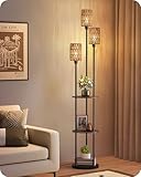 GOEBLESON Stehlampe Wohnzimmer mit Ablage, 3-flammige Rattan...