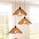 JIINOO Rattan Pendelleuchte, 3 Lichter Boho Hängeleuchte, Bauernhaus...