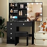 Teousev Schminktisch mit Schiebetür-Spiegel und Hocker, Stabiler...