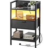 HLONONE Nachttisch mit Ladestation & LED, Beistelltisch mit...