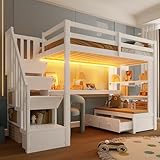 Huayz Hochbett 140x200 cm, mit LED-Beleuchtung, mit Schreibtisch und...