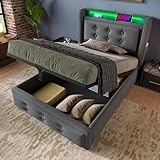 Ymkua Polsterbett Einzelbett Bett 90x200 cm mit LED-Kopfteil,...