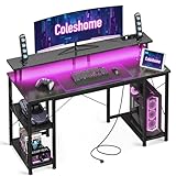 Coleshome Gaming Tisch mit LED-Beleuchtung, Gaming Schreibtisch mit 2...
