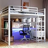 Kebnor Hochbett, Metallbett, Mit LED-Leuchten, Schreibtisch, 1...