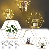 3 Stück Wandregal Mit Lichtleiste - Hexagon Metall Gold Ohne Bohren...