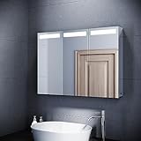 SUNXURY Spiegelschrank Bad mit Beleuchtung 90x65cm 3 Türen LED...
