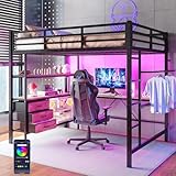 Biqzuya Hochbett 140 x 200 cm mit Schreibtisch, LED-Beleuchtung,...