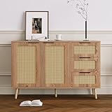 Vintage Rattan Sideboard mit 2 Türen und 3 Schubladen, Naturholz,...