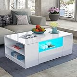 Senvoziii LED Couchtisch Wohnzimmertisch mit Regal Hochglanz Modern...