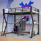 Luxeza Hochbett, 90 * 200cm, Mit LED-Leuchten, Computerkonsolenablage,...