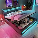 Polsterbett 140x200 cm, Doppelbett mit Stauraum und Lattenrost, LED...