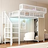 Merax Metall-Hochbett 90×200 cm, mit Kleiderschrank, LED-Beleuchtung,...