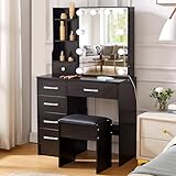 Teousev Schminktisch mit Schiebetür-Spiegel und Hocker, Stabiler...