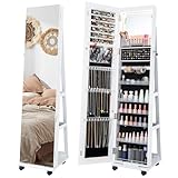 HOMASIS Schmuckschrank mit Rollen, drehbarer Spiegelschrank mit 3...
