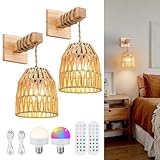 Rattan Wandleuchte Dimmbar mit Fernbedienung Wandlampe Vintage Akku...