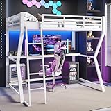 Zepneiy Hochbett mit LED-Beleuchtung, Computerkonsole, Regal,...