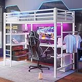 Merax Hochbett mit Schreibtisch 90x200 cm, Metallbett Kinderbett mit...