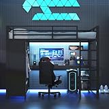 Merax Metall-Gaming-Hochbett mit LED, Schreibtisch, offenem...