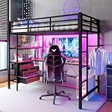 Merax Hochbett mit Schreibtisch 90x200 cm, Metallbett Kinderbett mit...