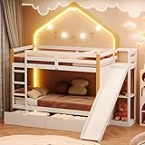 Rtopsu Etagenbett Kinderbett 90x200 cm mit LED-Beleuchtung, Bett mit...