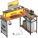 HLONONE L-förmiger Schreibtisch mit LED und Steckdosen, 110 x 80 cm,...