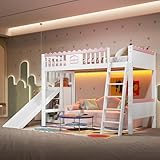 Kinderbett Hochbett 90x200, Einzelbett mit LED Beleuchtung, Rutsche,...